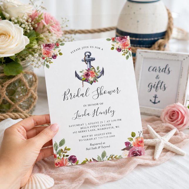 Invitation Fête de mariage Floral Anchor Marin (Créateur téléchargé)