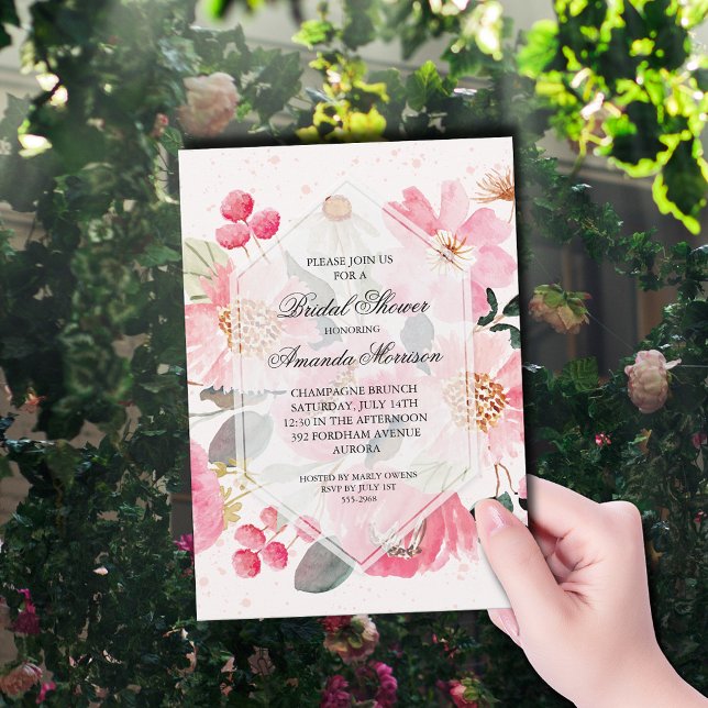 Invitation Fête de mariage Floral Aquarelle (Watercolor pink garden flowers bridal shower invitations)