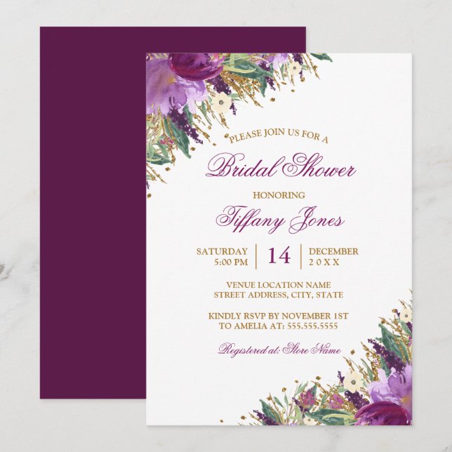 Invitation Fête de mariage Floral Aquarelle Améthyste Brillan (Devant / Derrière)