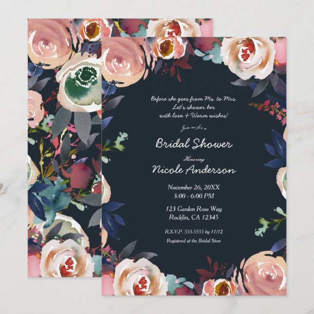 Invitation Fête de mariage floral aquarelle bleu foncé et ros (Devant / Derrière)