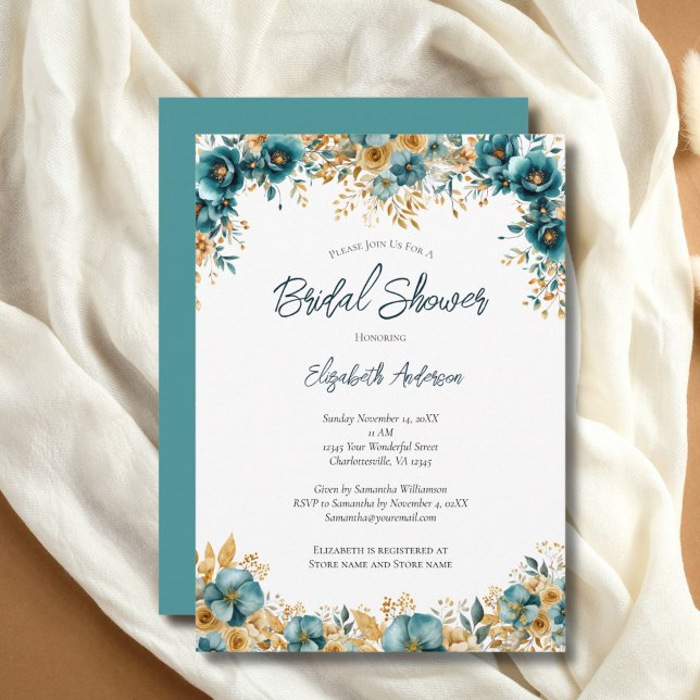 Invitation Fête de mariage floral aquarelle bleu-vert or (Teal Gold Watercolor Florals Bridal Shower invitation. Printed or Digital Download)