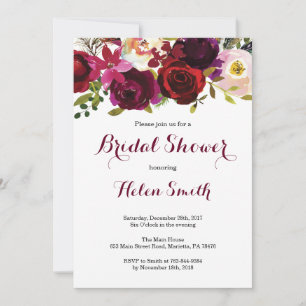 Invitation Fête de mariage floral aquarelle Bourgogne Marsala