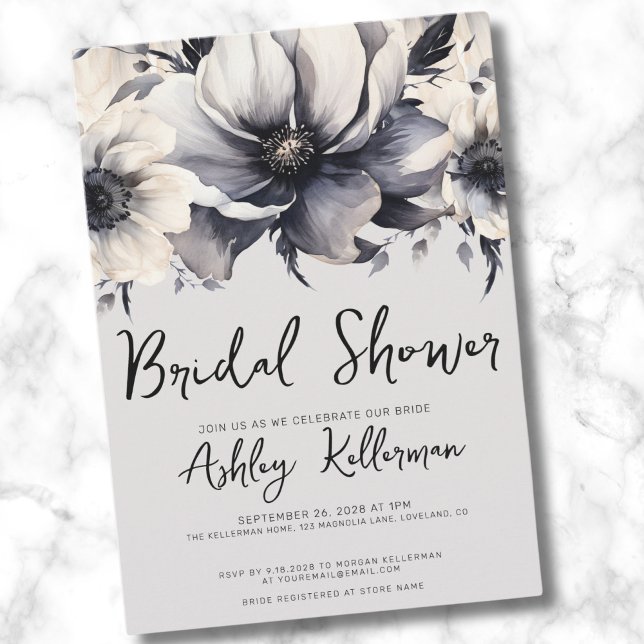 Invitation Fête de mariage floral aquarelle élégante (Chic Watercolor Elegant Floral Gray Bridal Shower Invitation)