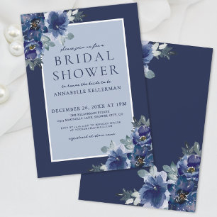 Invitation Fête de mariage floral aquarelle élégante bleue