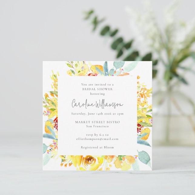 Invitation Fête de mariage floral aquarelle jaune d'été (Debout devant)