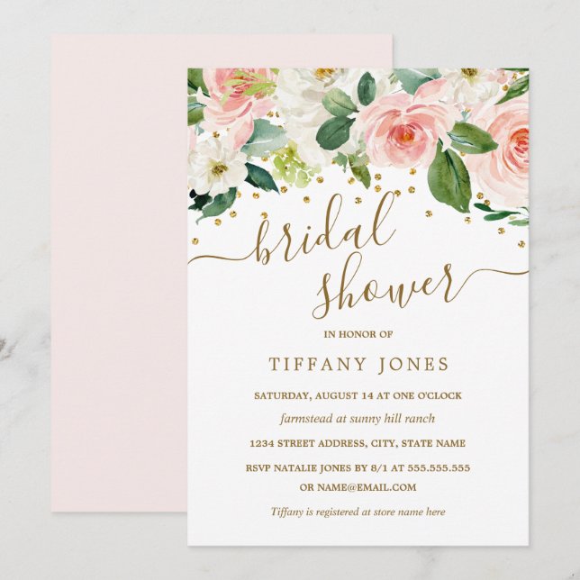 Invitation Fête de mariage floral aquarelle Or rose (Devant / Derrière)
