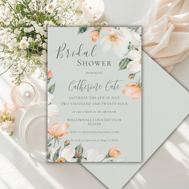 Invitation Fête de mariage Floral Aquarelle Vert Pêche (Créateur téléchargé)