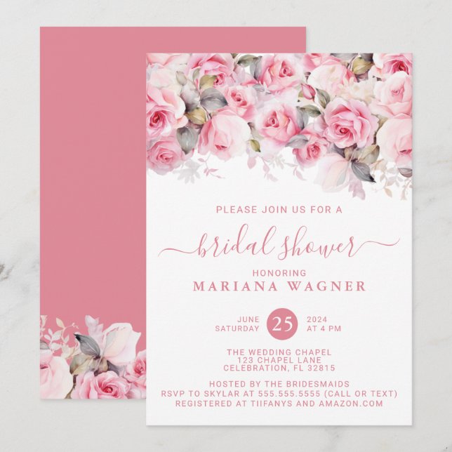 Invitation Fête de mariage floral aux roses roses (Devant / Derrière)