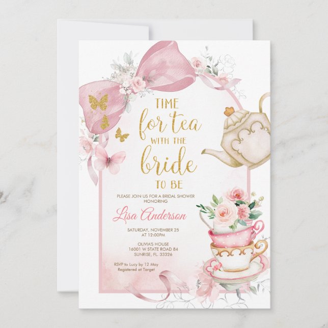 Invitation Fête de mariage Floral avec un Nœud Rose (Devant)
