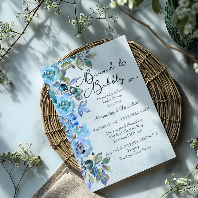 Invitation Fête de mariage floral bleu aquarelle (Créateur téléchargé)