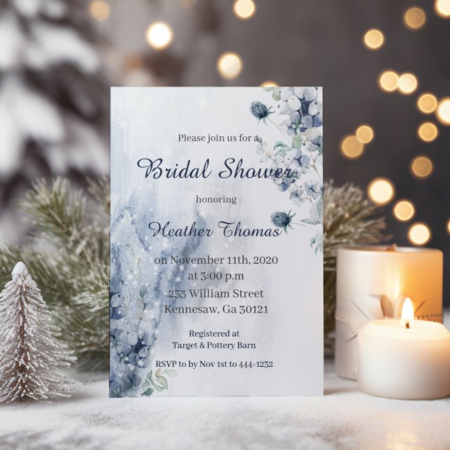 Invitation Fête de mariage Floral Bleu & Argent Hiver (Créateur téléchargé)