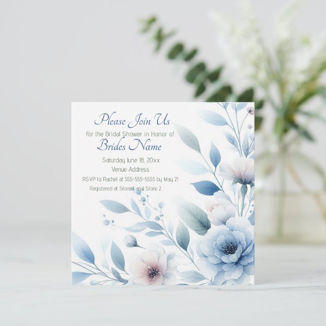Invitation Fête de mariage floral bleu élégant (Debout devant)