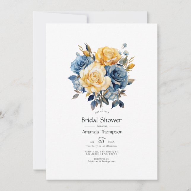 Invitation Fête de mariage floral bleu et or (Devant)