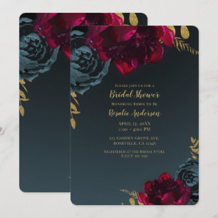 Invitation Fête de mariage floral bleu foncé avec feuillage d