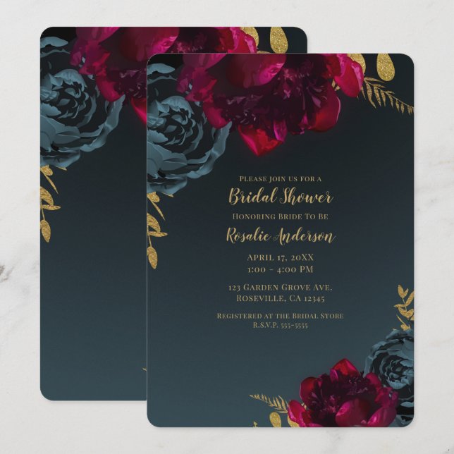 Invitation Fête de mariage floral bleu foncé avec feuillage d (Devant / Derrière)