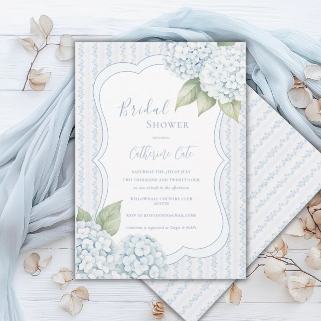 Invitation Fête de mariage Floral Bleu Hydrangea Bleu Rayure  (Créateur téléchargé)
