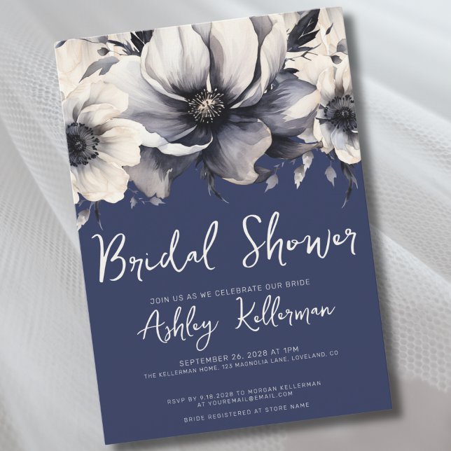Invitation Fête de mariage floral bleu marine (Watercolor Floral Navy Blue Bridal Shower Party Invitation)