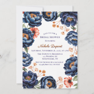 Invitation Fête de mariage floral bleu marine et orange brûlé