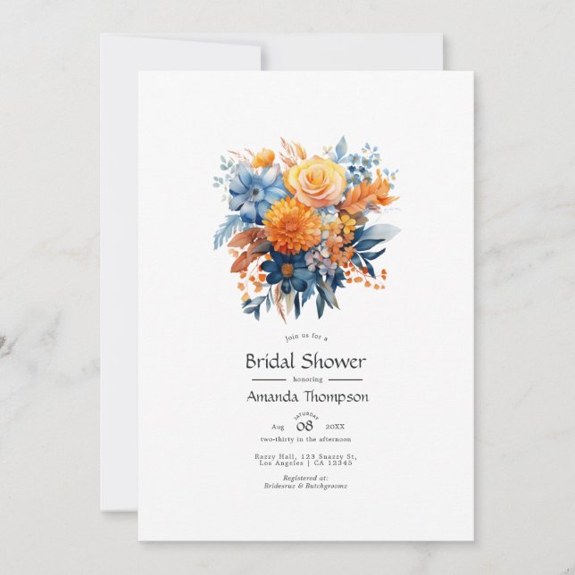 Invitation Fête de mariage floral bleu, orange et jaune (Devant)