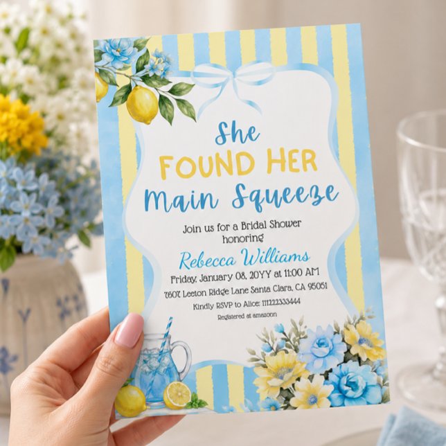 Invitation Fête de mariage Floral Bleu Rayure Main Squeeze (Créateur téléchargé)