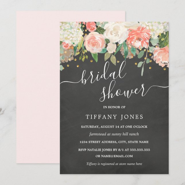 Invitation Fête de mariage Floral Blush Confetti Tableau Noir (Devant / Derrière)