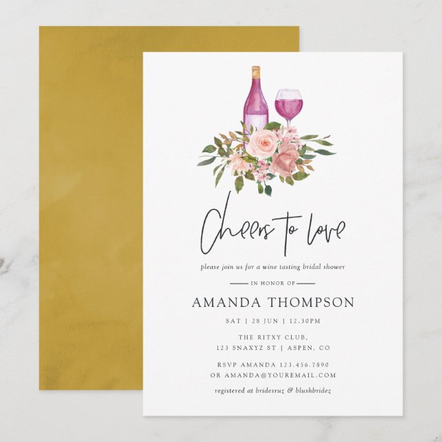 Invitation Fête de mariage Floral Blush et Or avec dégustatio (Devant / Derrière)