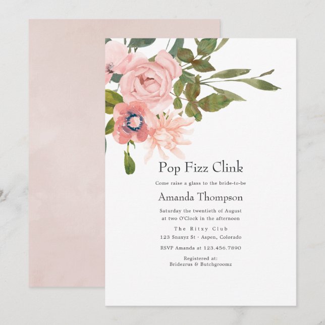 Invitation Fête de mariage Floral Blush Rose Fizz Clink (Devant / Derrière)