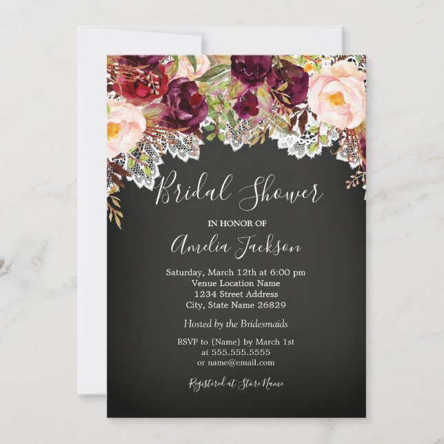 Invitation Fête de mariage Floral Chalkboard Bourgogne (Devant)