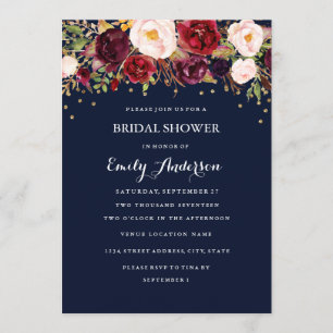 Invitation Fête de mariage floral confetti or bordeaux marine
