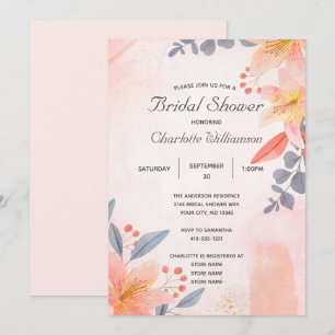 Invitation Fête de mariage floral corail bleu pêche rose 