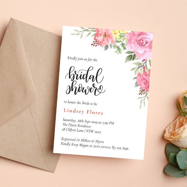 Invitation Fête de mariage Floral de Pêche et de Verdure Rosé (Peach floral rose greenery invitation creates a warm, romantic bridal shower tone)