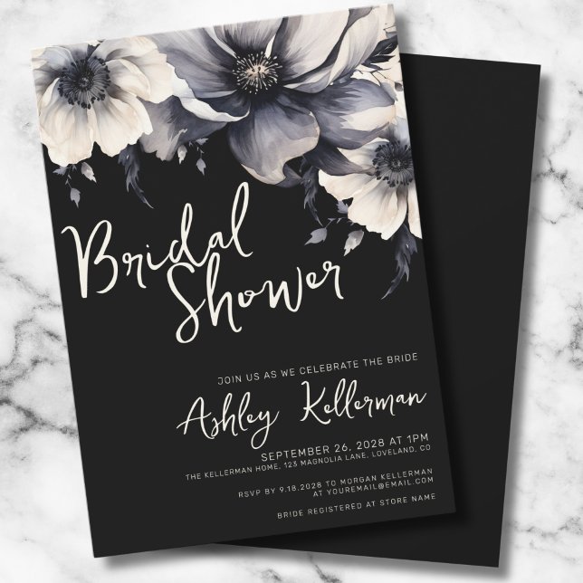 Invitation Fête de mariage floral élégant noir (Chic Elegant Floral Black White Bridal Shower Invitation)