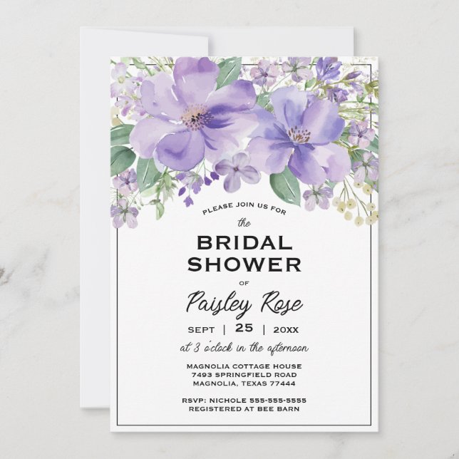 Invitation Fête de mariage floral élégant violet (Devant)