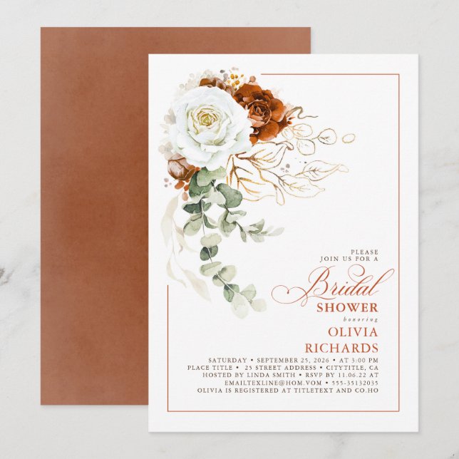 Invitation Fête de mariage floral en blanc et terracotta d'au (Devant / Derrière)