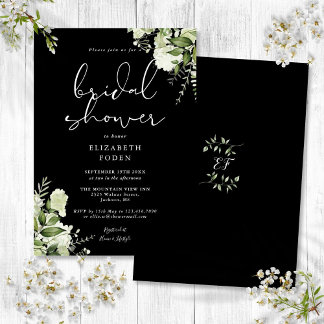 Invitation Fête de mariage floral en noir et blanc avec feuil