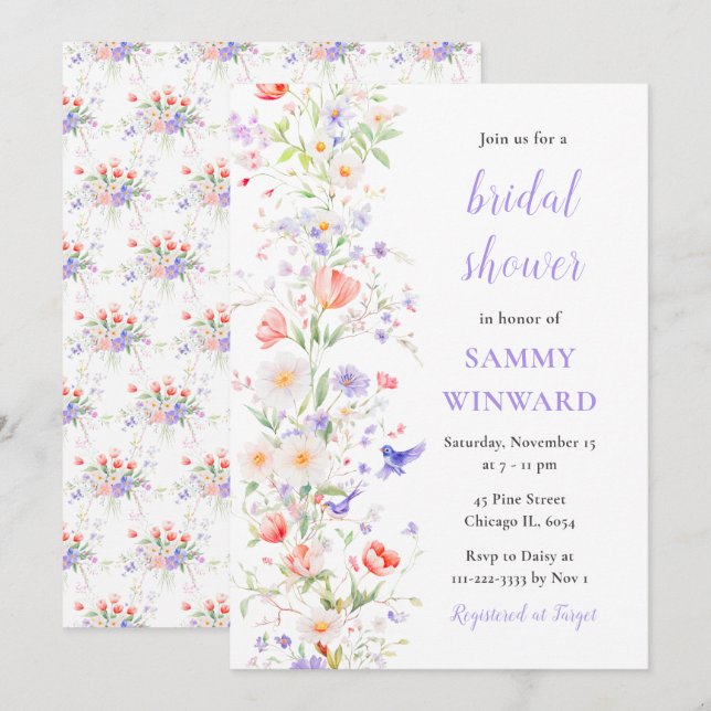 Invitation Fête de mariage Floral et Oiseaux de Printemps (Devant / Derrière)