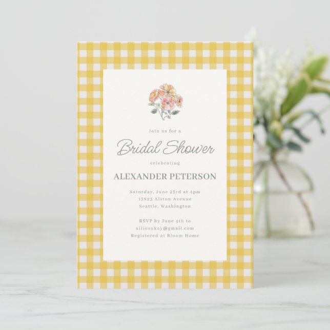 Invitation Fête de mariage Floral Gingham Jaune Aquarelle (Debout devant)