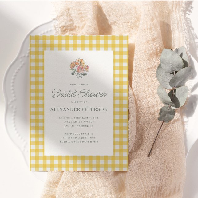 Invitation Fête de mariage Floral Gingham Jaune Aquarelle (Créateur téléchargé)