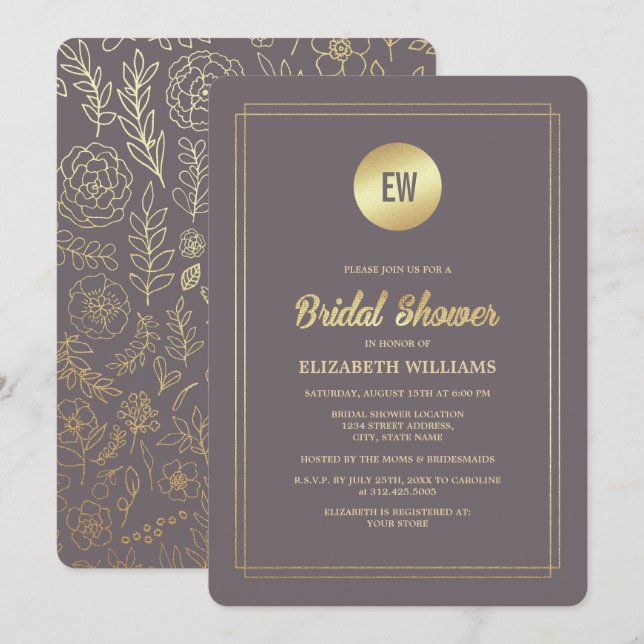Invitation Fête de mariage Floral Gold Mocha Foncé  (Devant / Derrière)