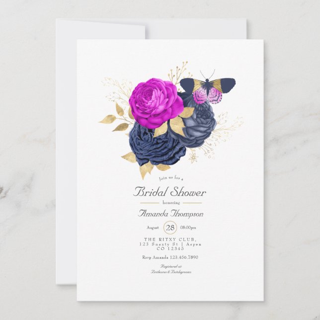 Invitation Fête de mariage floral Magenta Navy et Or (Devant)