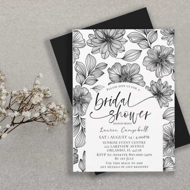 Invitation Fête de mariage Floral Noir & Blanc Moderne  (Créateur téléchargé)
