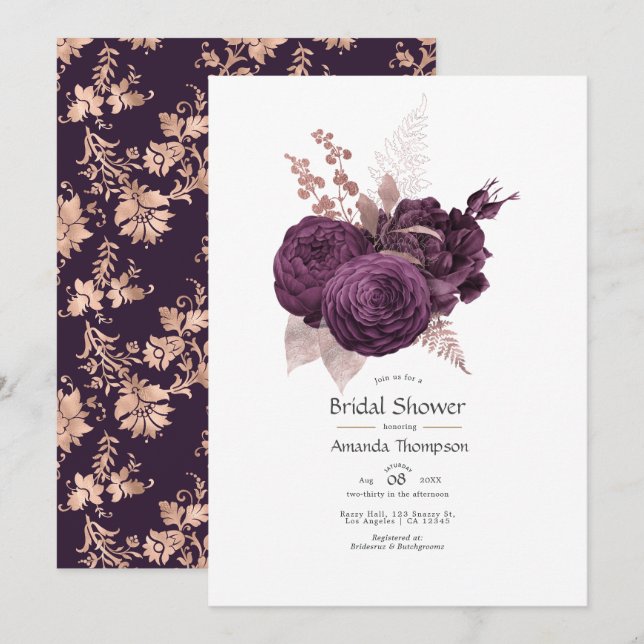 Invitation Fête de mariage floral or et violet foncé (Devant / Derrière)