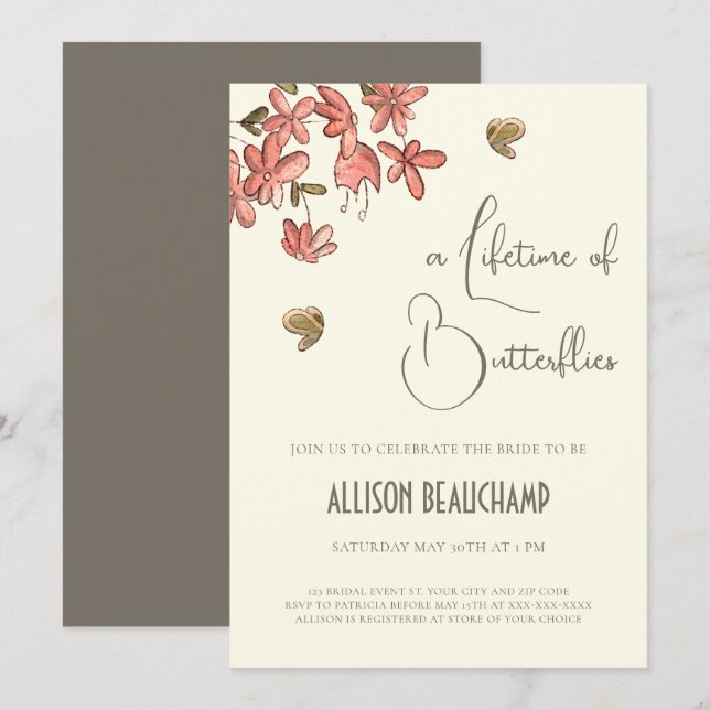 Invitation Fête de mariage floral papillon crème (Devant / Derrière)