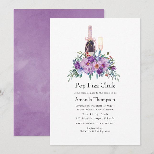 Invitation Fête de mariage Floral Pop Fizz Clink Violet (Devant / Derrière)