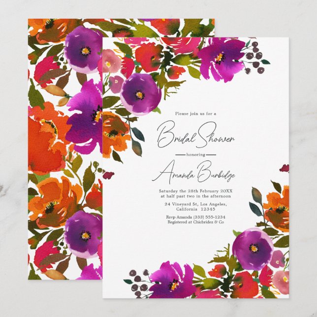 Invitation Fête de mariage floral pourpre et orange (Devant / Derrière)
