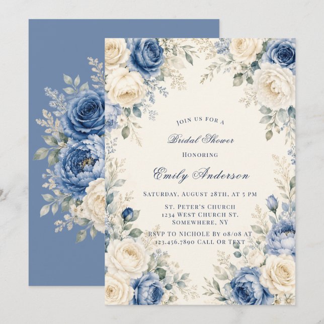 Invitation Fête de mariage floral Rose Bleu & Crème (Devant / Derrière)