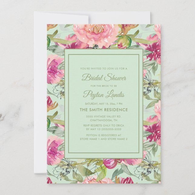 Invitation Fête de mariage Floral Rose Neo Vert Menthe (Devant)