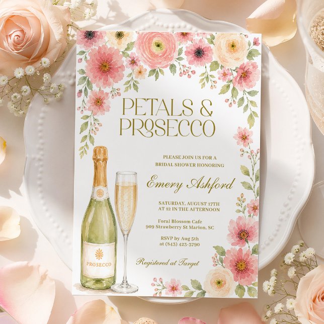 Invitation Fête de mariage floral rose Pétales et Prosecco (Créateur téléchargé)
