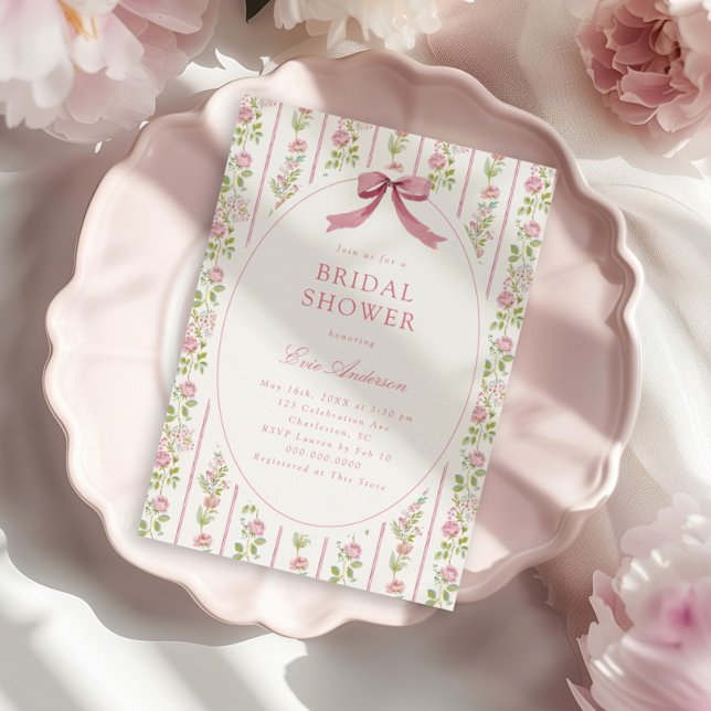 Invitation Fête de mariage floral rose rayé Grandmillennial (Créateur téléchargé)