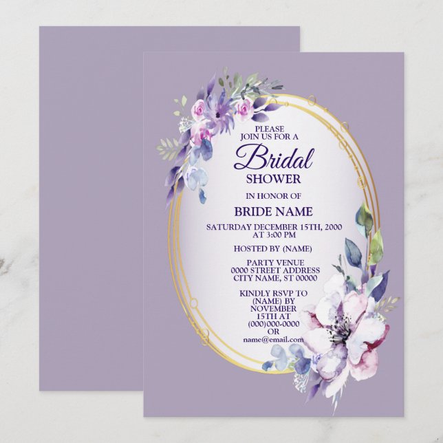 Invitation Fête de mariage floral rose violet aquarelle dorée (Devant / Derrière)